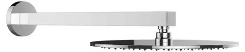 Moderner Duschkopf mit runder Dusche und rechteckigem Arm, in poliertem Chrom, an der Wand montiert.